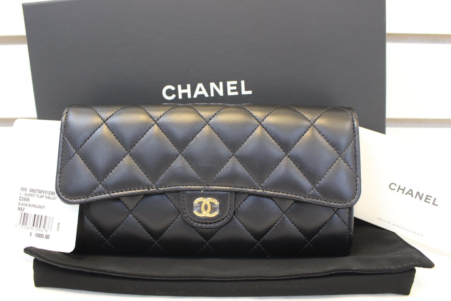 Chanel Vintage Chanel Black Quited Leather Long Flap Wallet