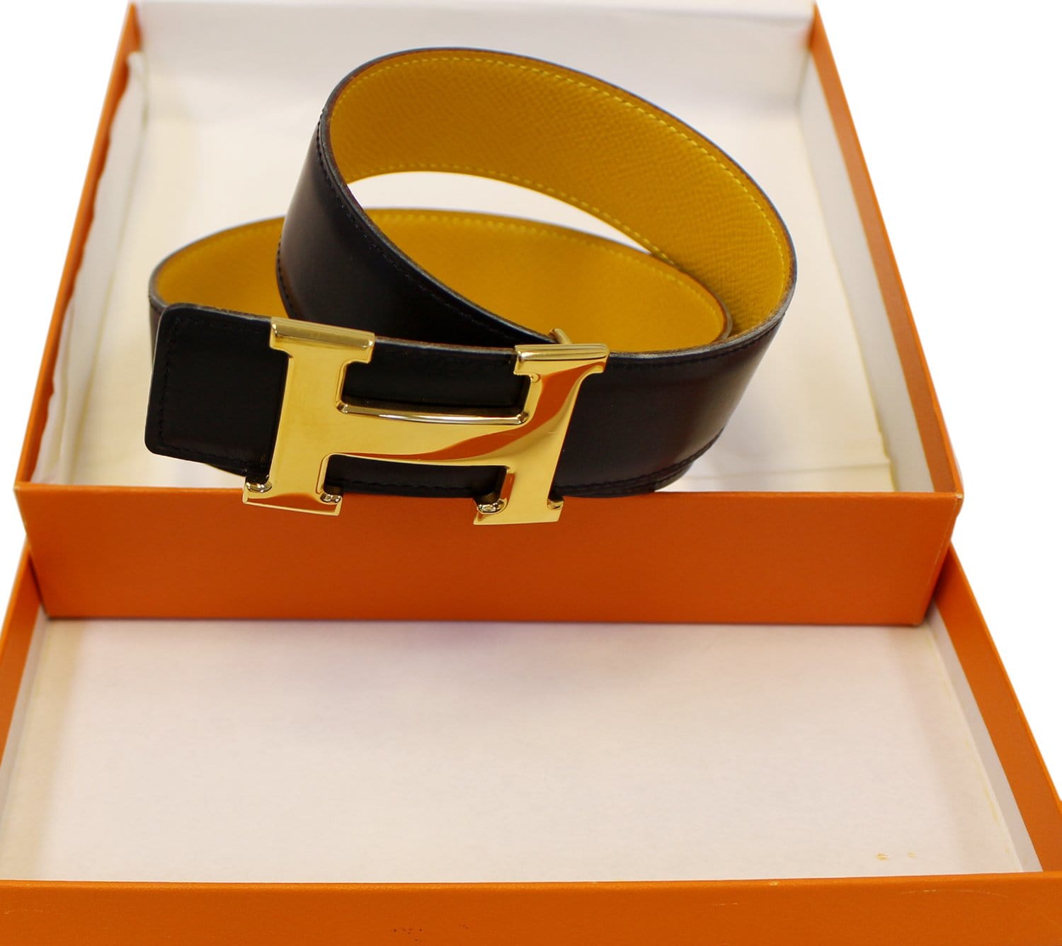 HERMES Belt Constance Buckle H Reversible Black/Yellow Size 65