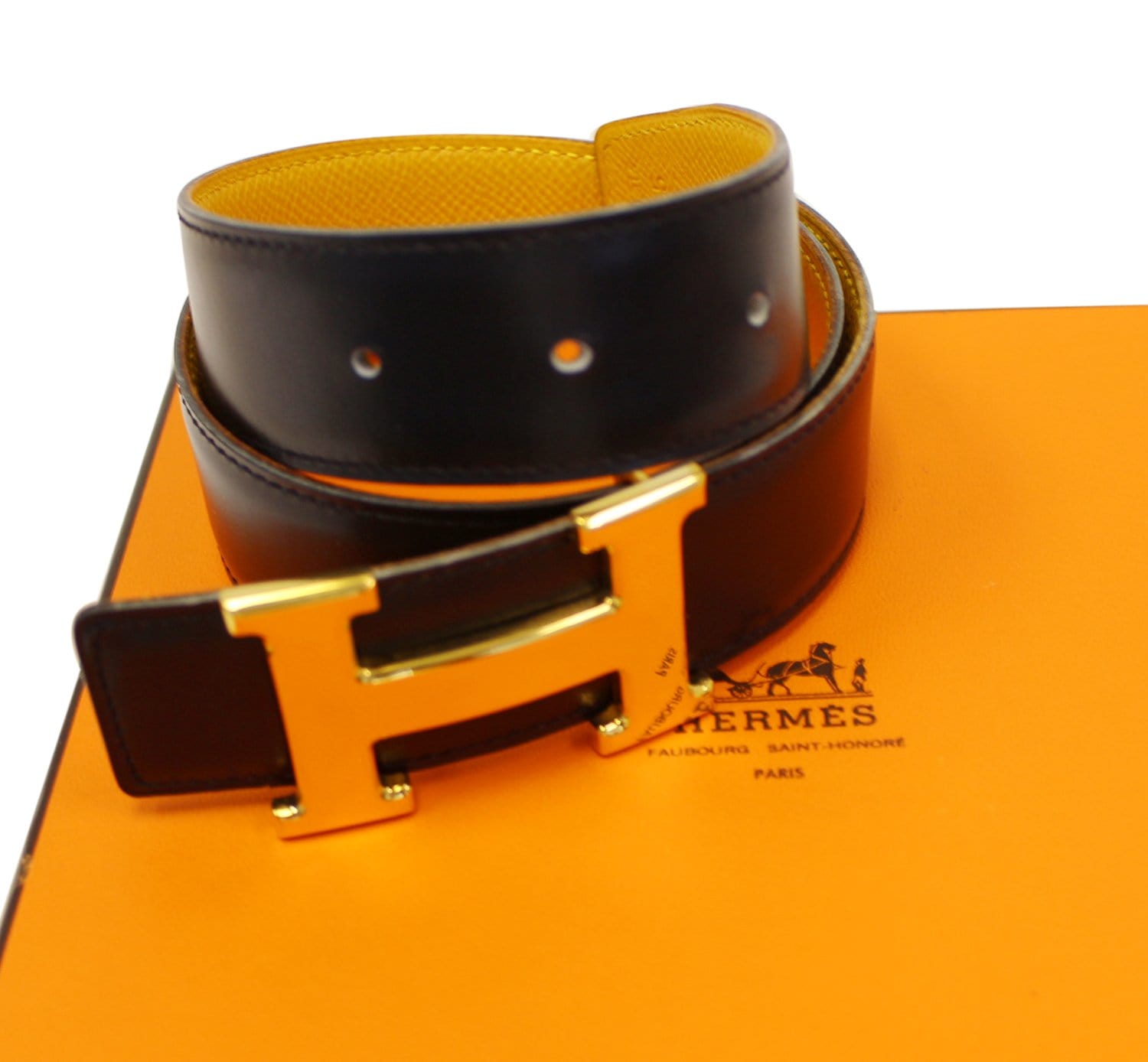 HERMES Belt Constance Buckle H Reversible Black/Yellow Size 65