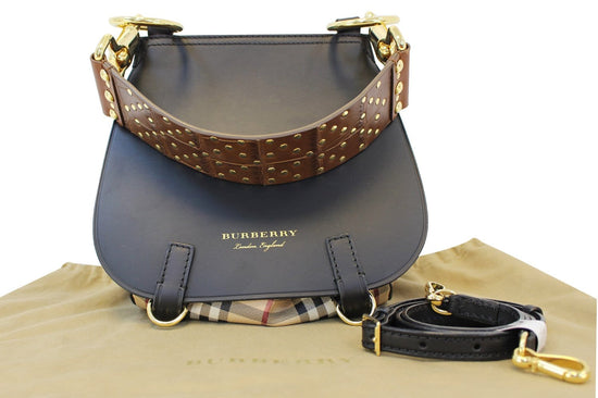 Burberry The Bridle Bag In Leather And Haymarket Check Dark Clove