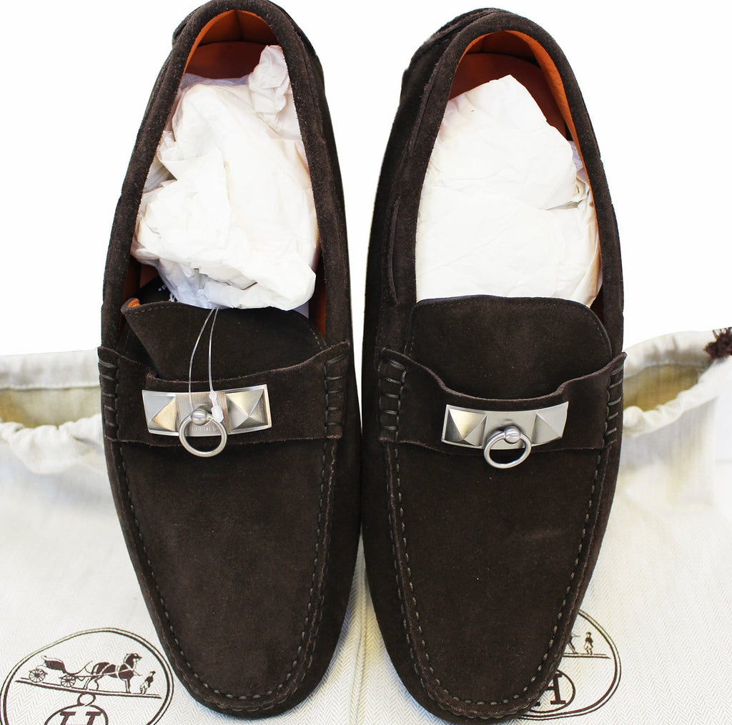 Authentic LOUIS VUITTON Black Suede Leather Men&#39;s Loafers Size 8.1/2 E