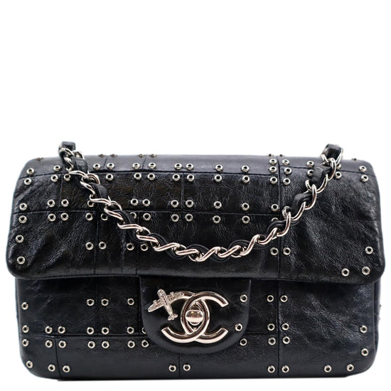 CHANEL Airlines Grommet Studded Leather Shoulder Bag Black