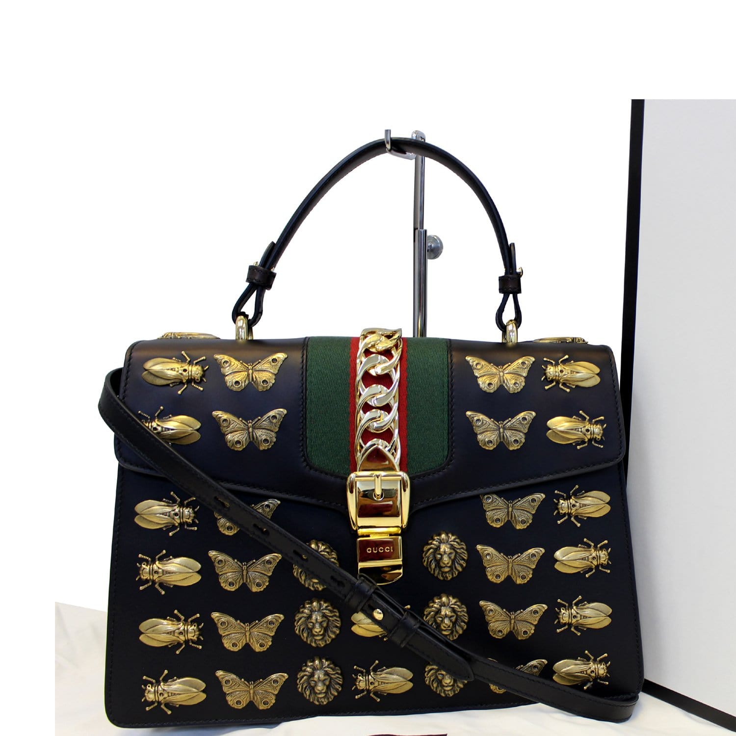 GUCCI Sylvie Animal Studs Calfskin Medium Top Bag Black-US