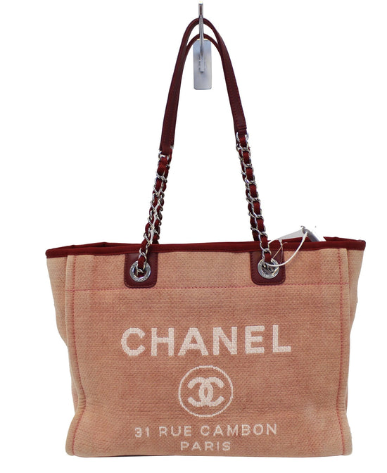 Chanel Small Pink Stripe Canvas Deauville Tote Bag with Logo Print and –  Sellier