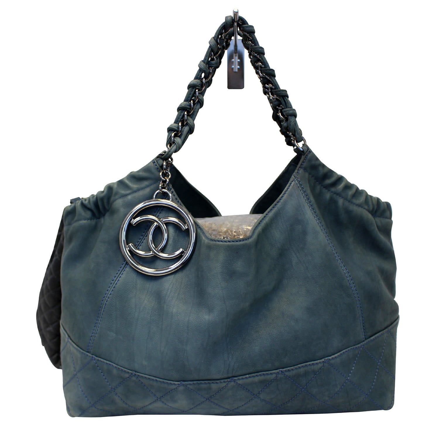 CHANEL COCO CABAS HOBO BAG, brown leather grain with silver tone charm,  leather and chain shoulder strap, logo embossed, fabric lining, inside  sticker 10896371, with inside pouch, magnetic snap closure, 45cm x