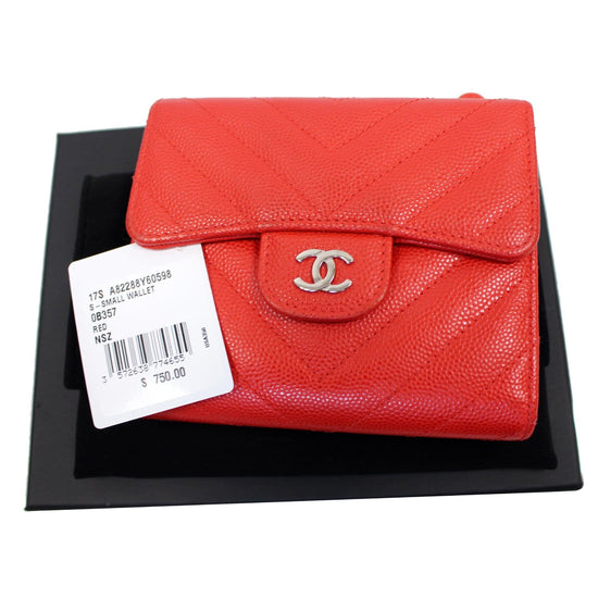 CHANEL Small Chevron Quilted Caviar Compact Flap Wallet Red