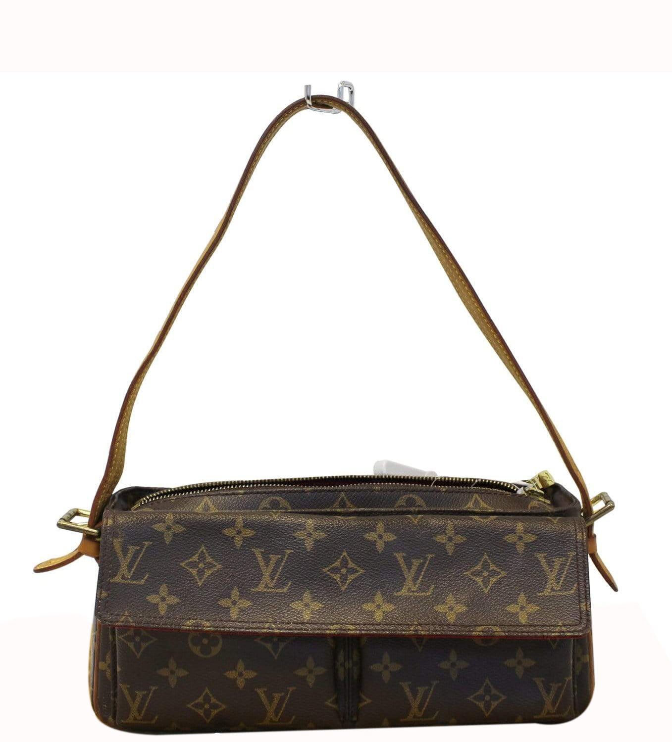 LOUIS VUITTON MONOGRAM CITE SHOULDER BAG, traditional brown monogram canvas  with leather trim and pale gold tone hardware, double zip closure at the  top and zippered front pocket, 25cm x 18cm H