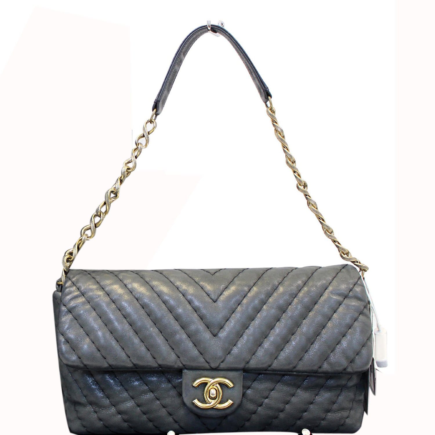 CHANEL Wrinkled Lamb Skin Leather Chevron Quilted Surpique Light Gray Tote  Bag