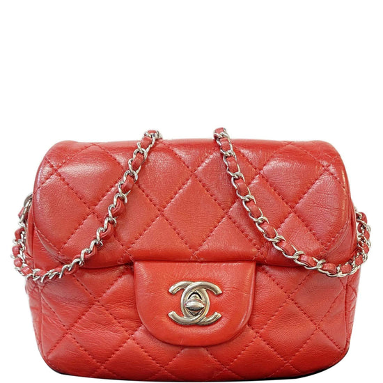 Authentic Chanel Red Classic Mini Flap Lambskin Leather Crossbody Bag