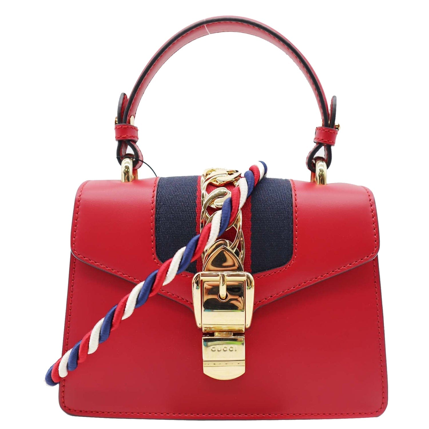 Gucci Red Leather Mini Web Chain Sylvie Top Handle Bag Gucci