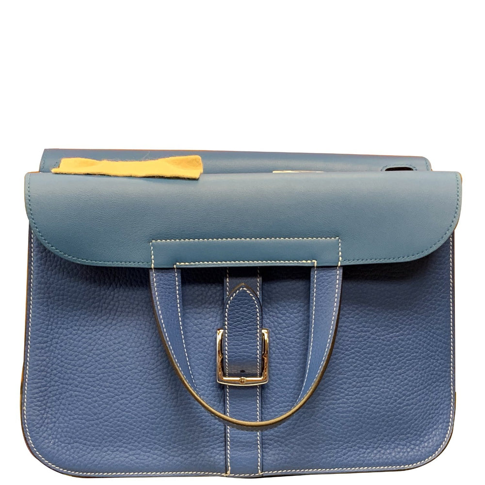 HERMES Halzan 31cm Clemence Leather Crossbody Bag Blue