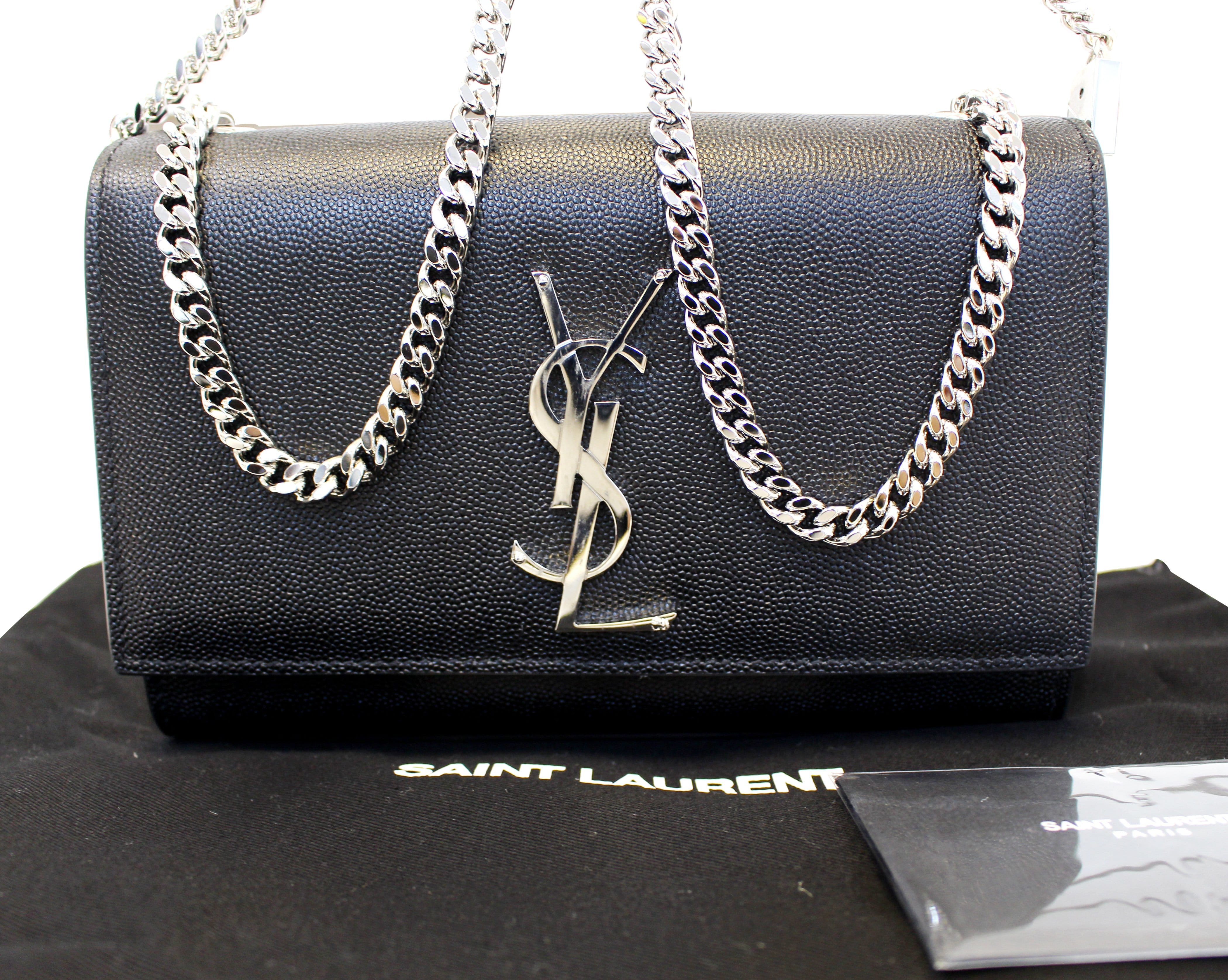 YVES SAINT LAURENT Kate Black Leather Silver Chain Clutch Crossbody Ba