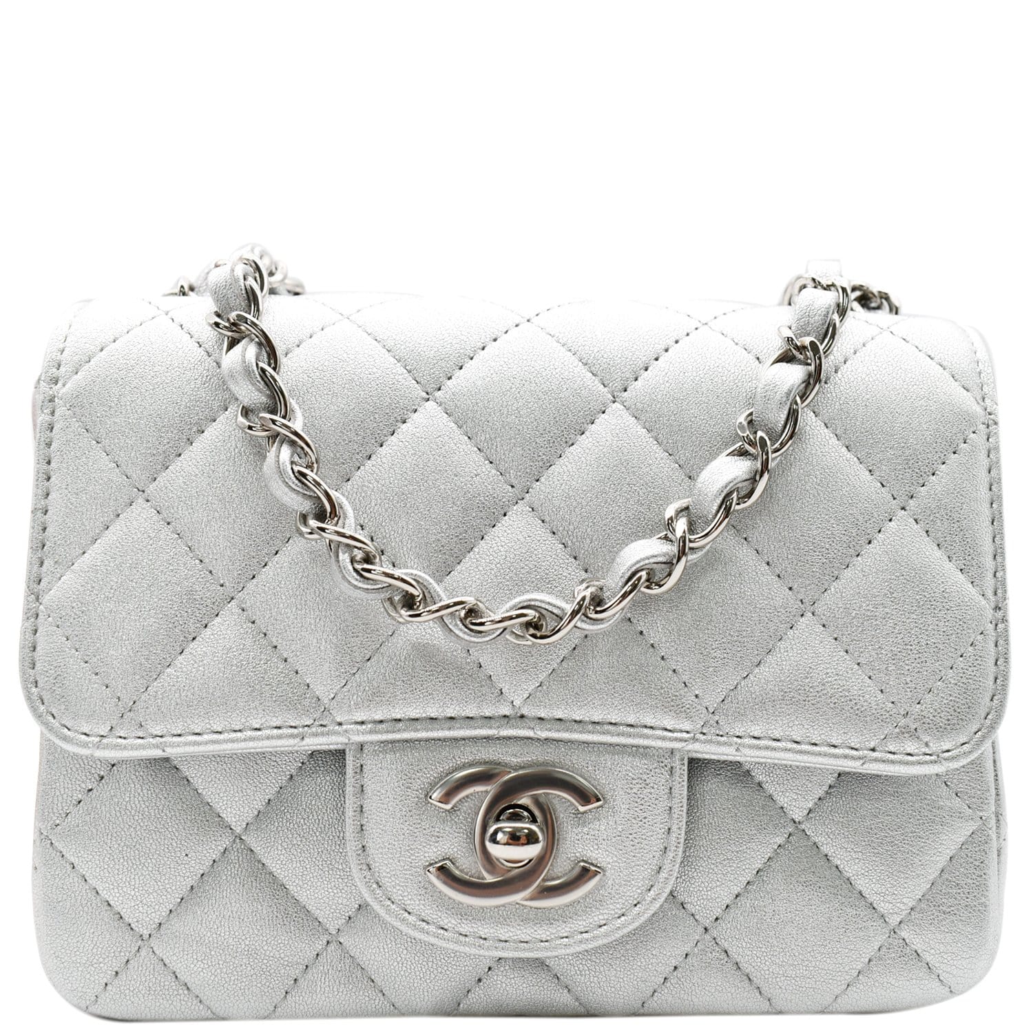 CHANEL Mini Square Flap Quilted Leather Shoulder Bag Metallic Silver