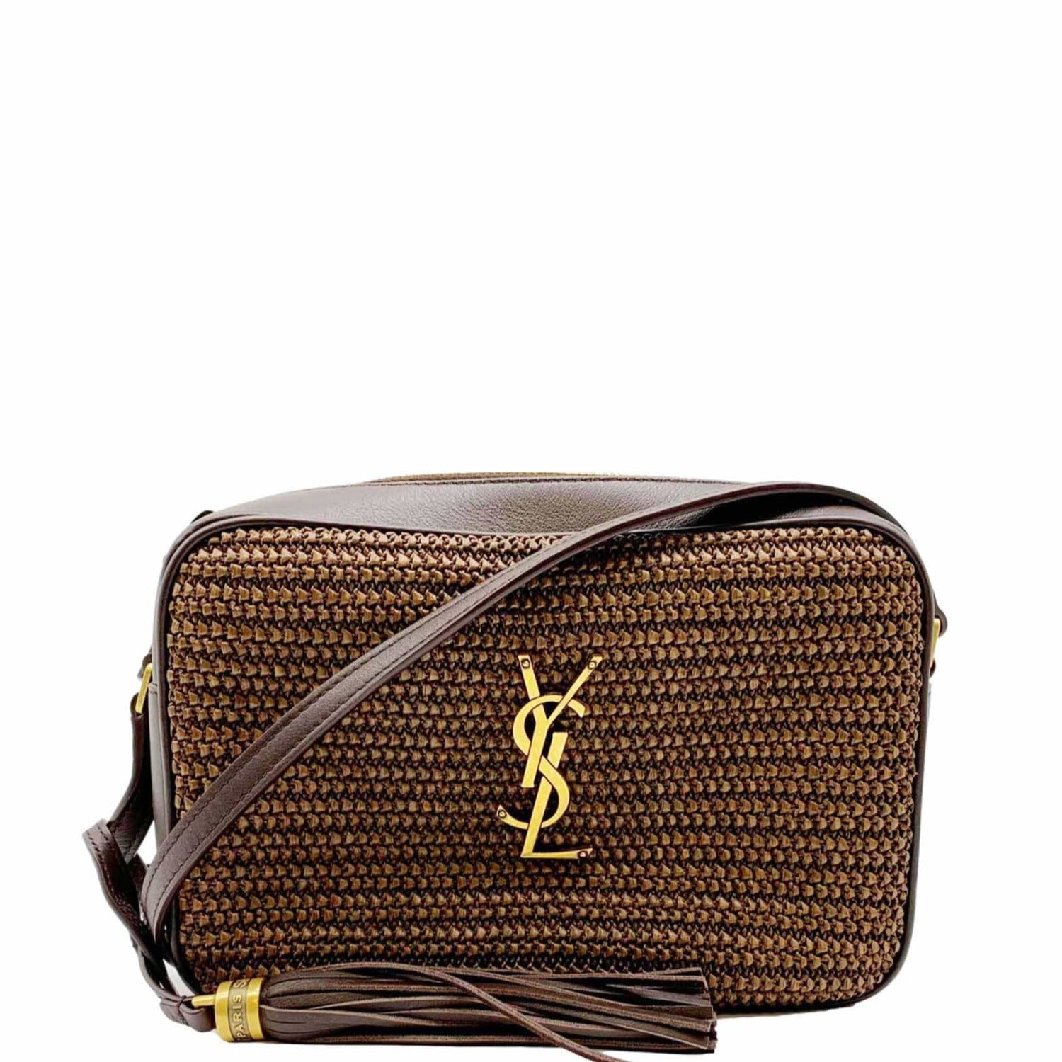 YVES SAINT LAURENT Lou Camera Raffia Canvas Crossbody Bag Brown