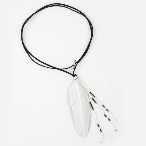 The White Feather Foundation collaborates with Love Is Project feather necklace Black and White 