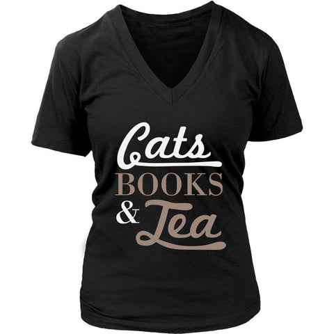 Cats Books & Tea Cute Funny Cat Lovers Kitty Obsessed Friend V-Neck T-Shirt-NeatFind.net