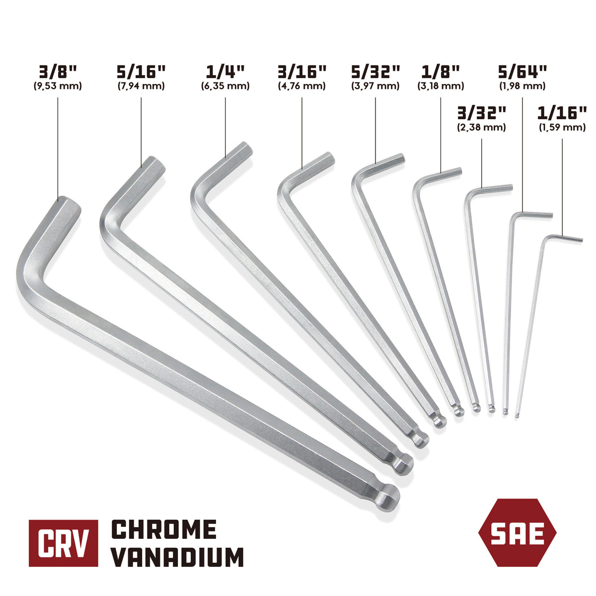 1/16 inches up to 3/4 inches Allen Key Hex Wrench Screw Chrome Vanadium  Standard Allen Wrench TGC 1/16 5/64 3/32 1/8 5/32 3/16 7/32 1/4 5/16 3/8  7/16 1/2 9/16 5/8 3/4