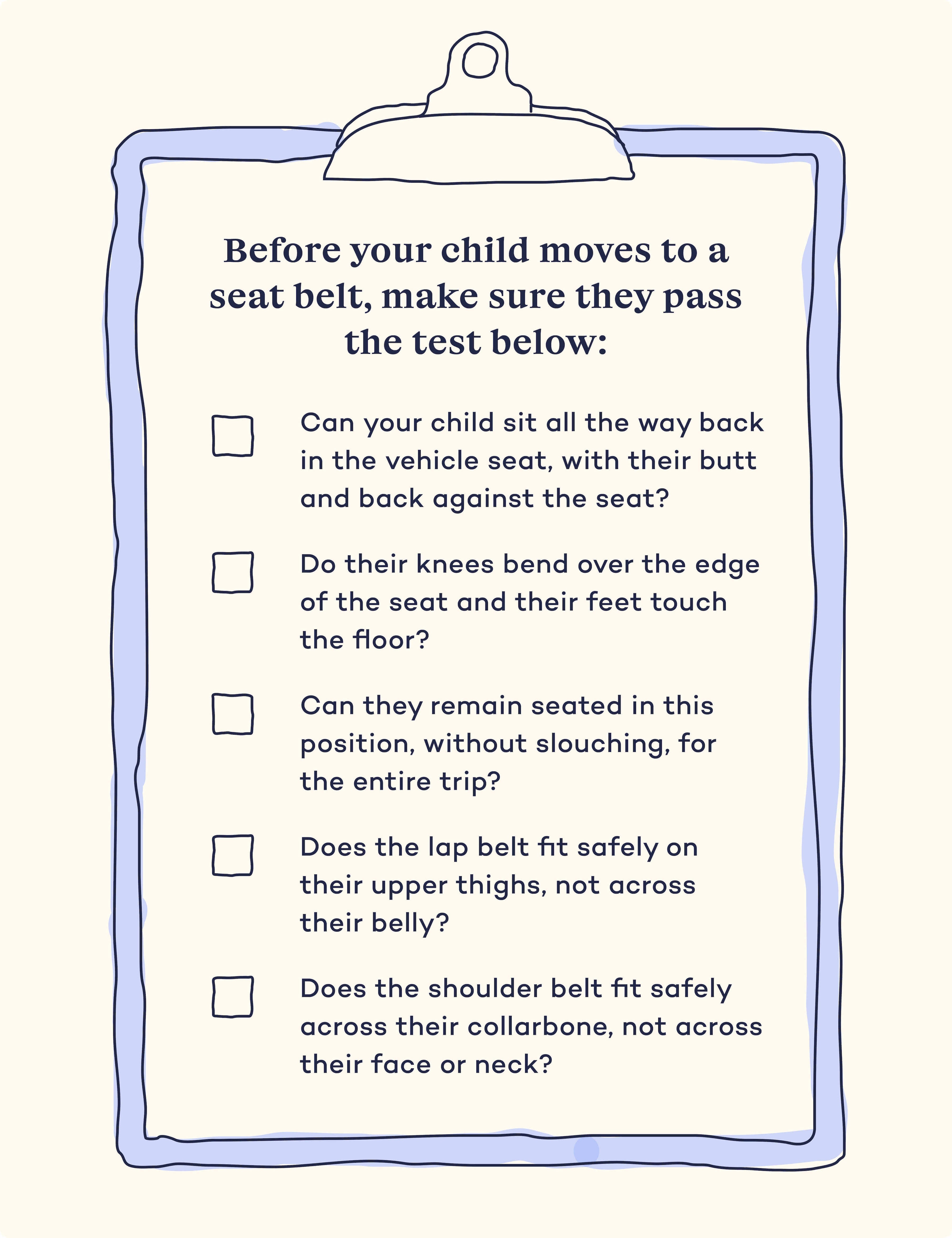 a checklist of the 5 step safety questions to ask before moving your little one to a seat belt