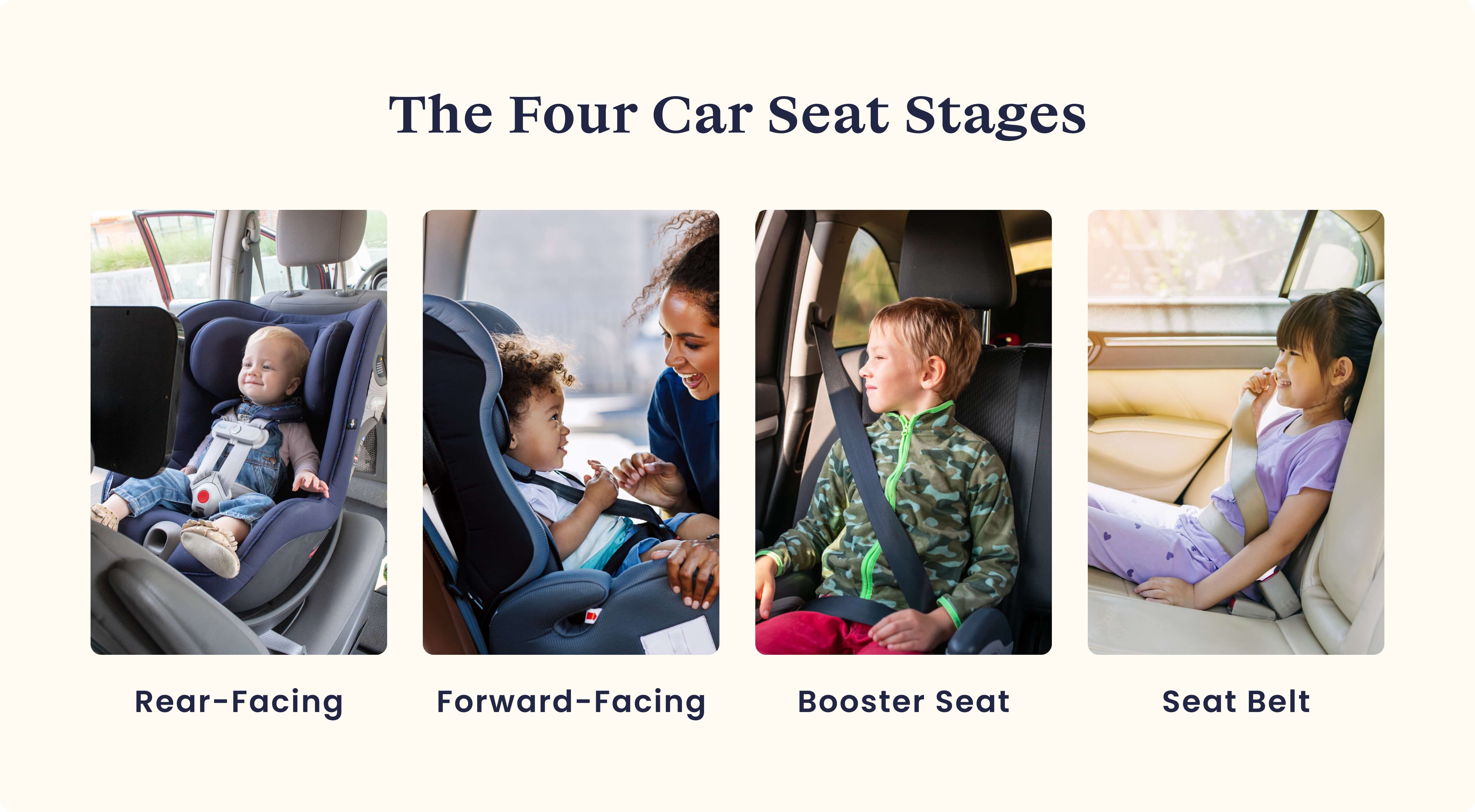 the four stages of car seat safety: rear-facing, forward-facing, booster seat, seat belt 