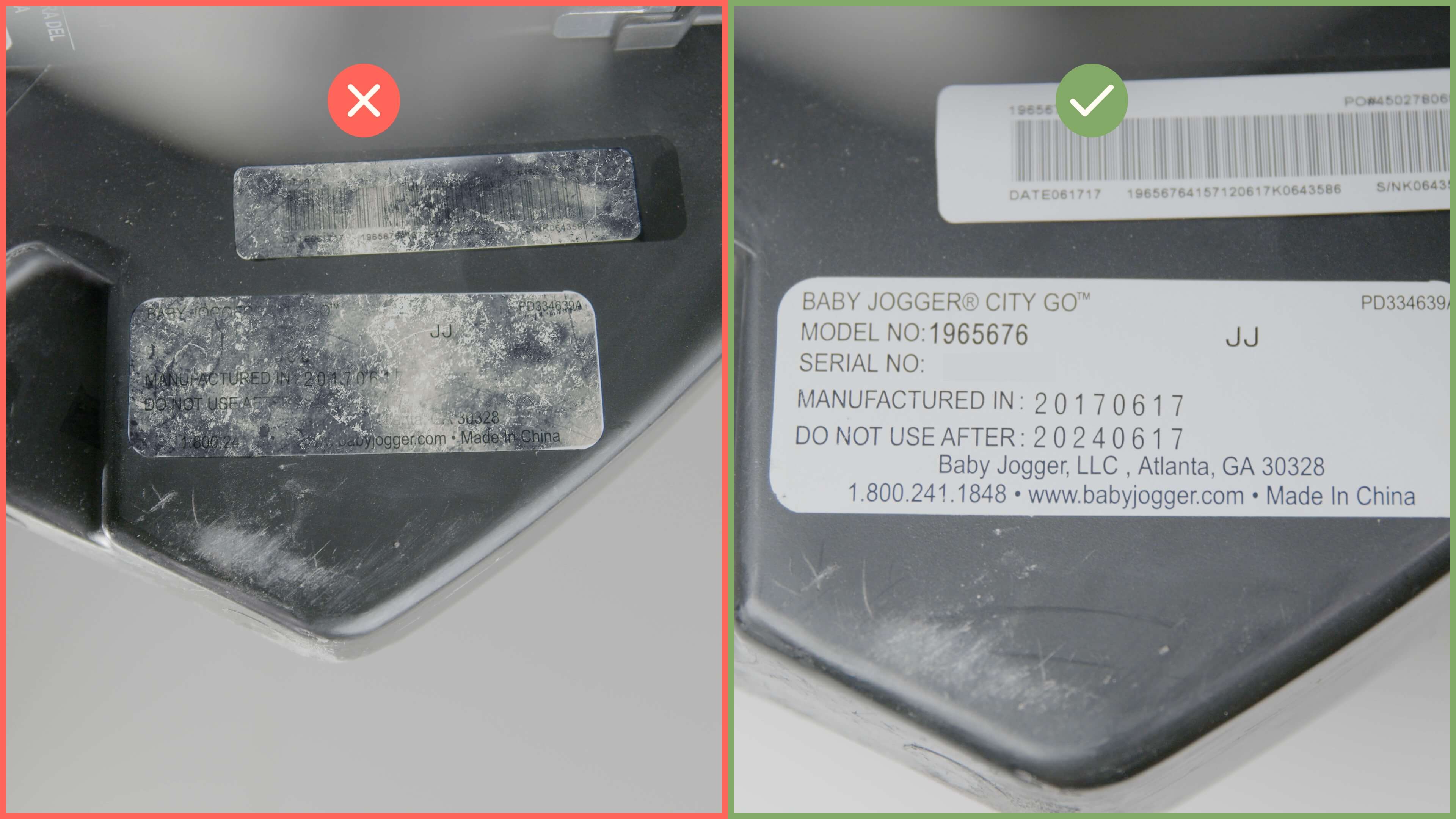 a worn car seat label and a brand new car seat label side by side 