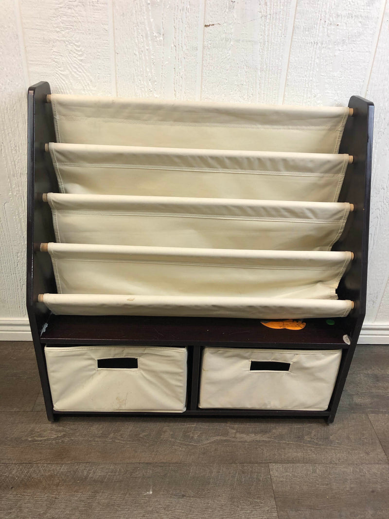 sling bookcase with storage bins