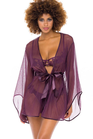 Tulle Short Robe With Wide Sleeves, Back Embroidered Applique And Functional Attached Satin Sash