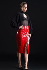 red vinyl skirt and top