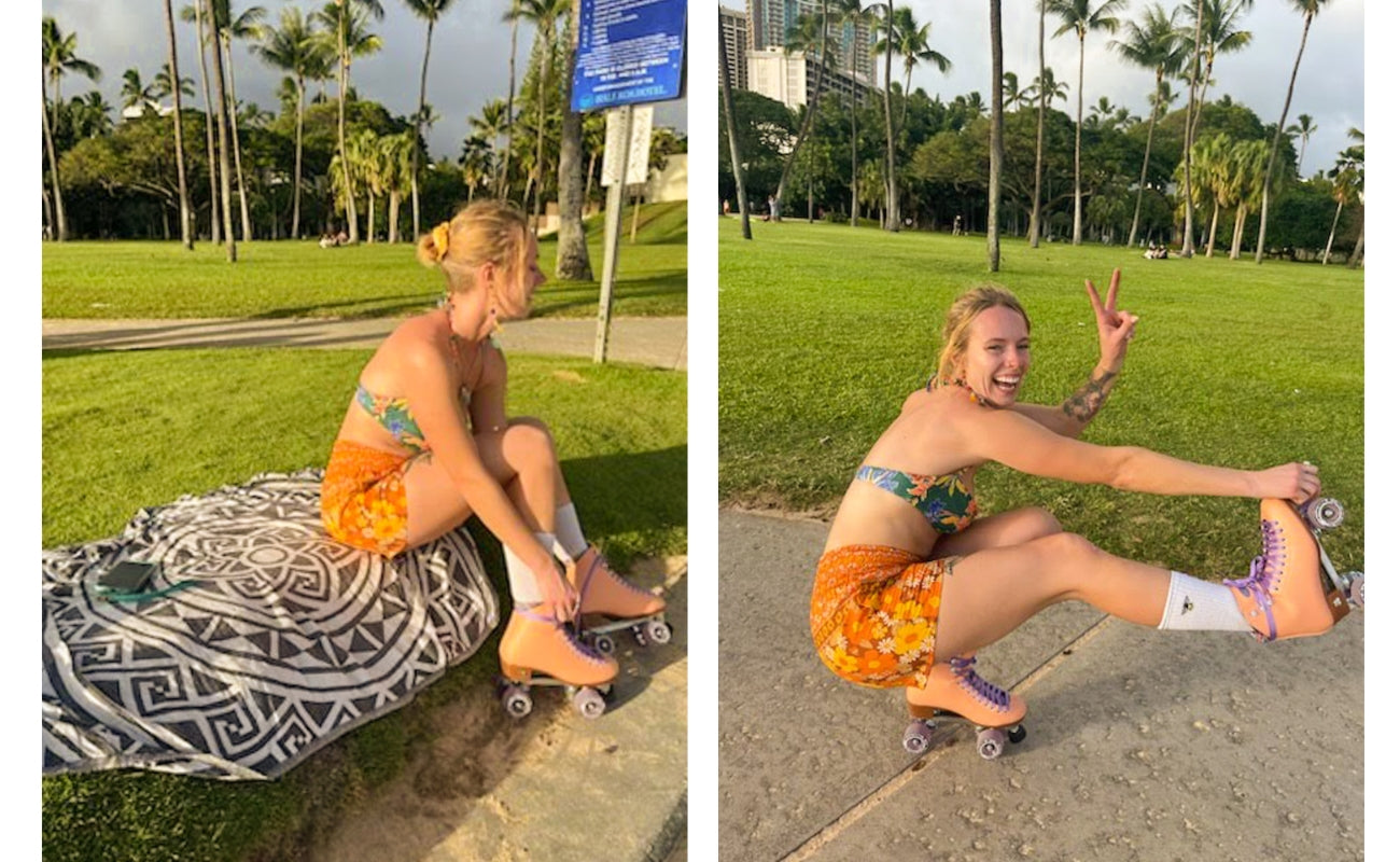 PIYOGA orange 70s flowers shorts in Oahu, Hawaii roller skating