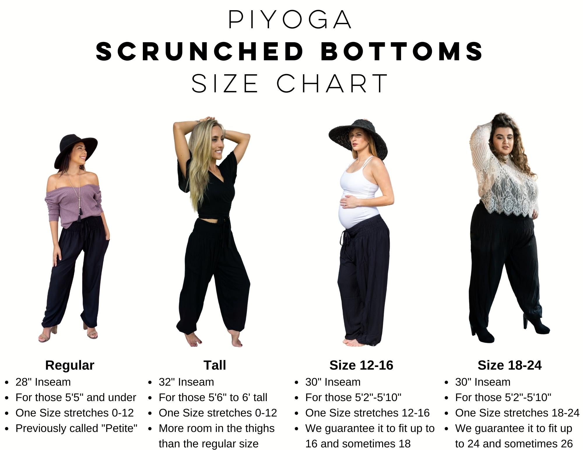 PIYOGA Scrunched Bottom Size Chart