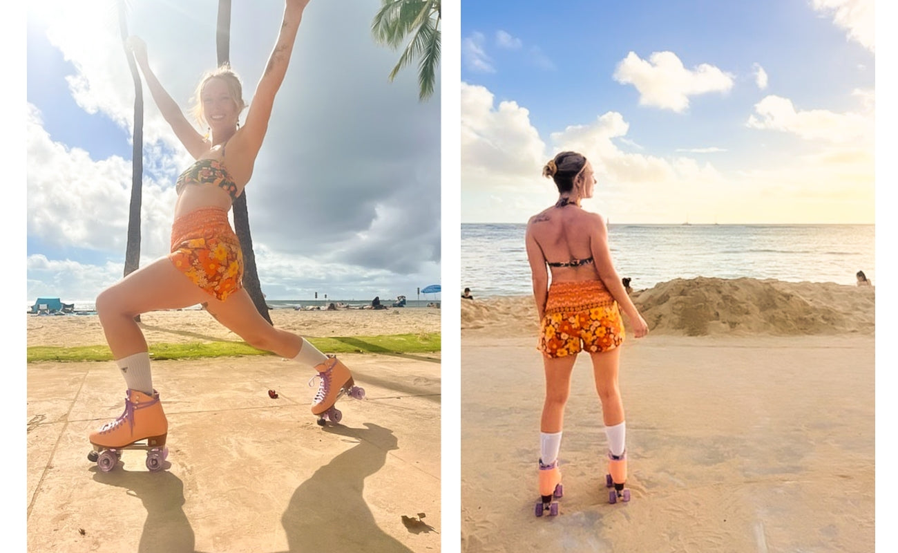 PIYOGA Roller Skating in the New Shorts with Pockets 70s Orange Flowers