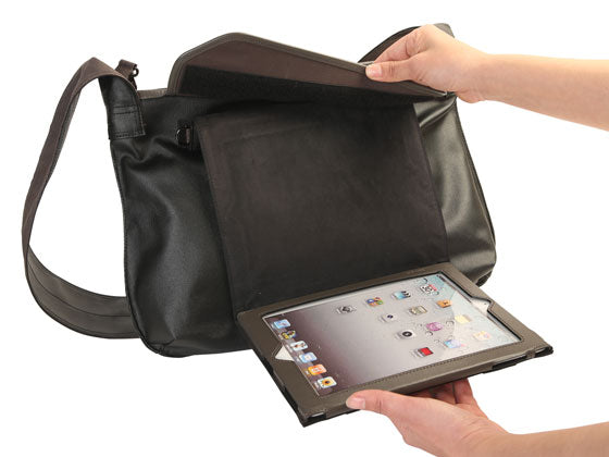 Your iPad attaches to the outside of the bag