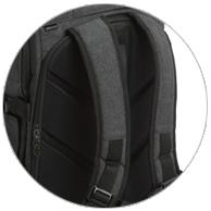 Curved shoulder straps like a sports backpack provide long term comfot