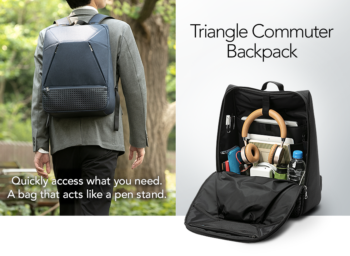 Triangle Commuter Backpack - Quickly access what you need. A bag that acts like a pen stand.