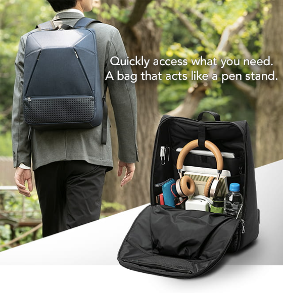 Triangle Commuter Backpack - Quickly access what you need. A bag that acts like a pen stand.