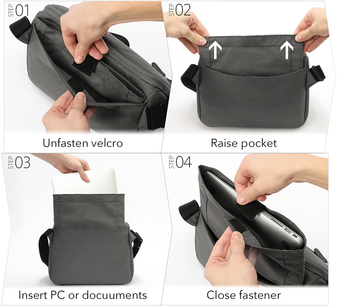 A specially constructed extendable pocket for storing PCs and A4 documents