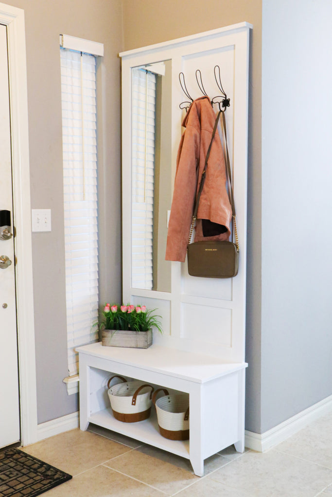 Hall Tree Bench styled in a home entryway