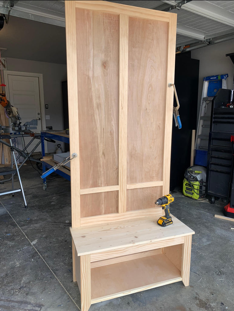 DIY Hall Tree Bench in a wood shop