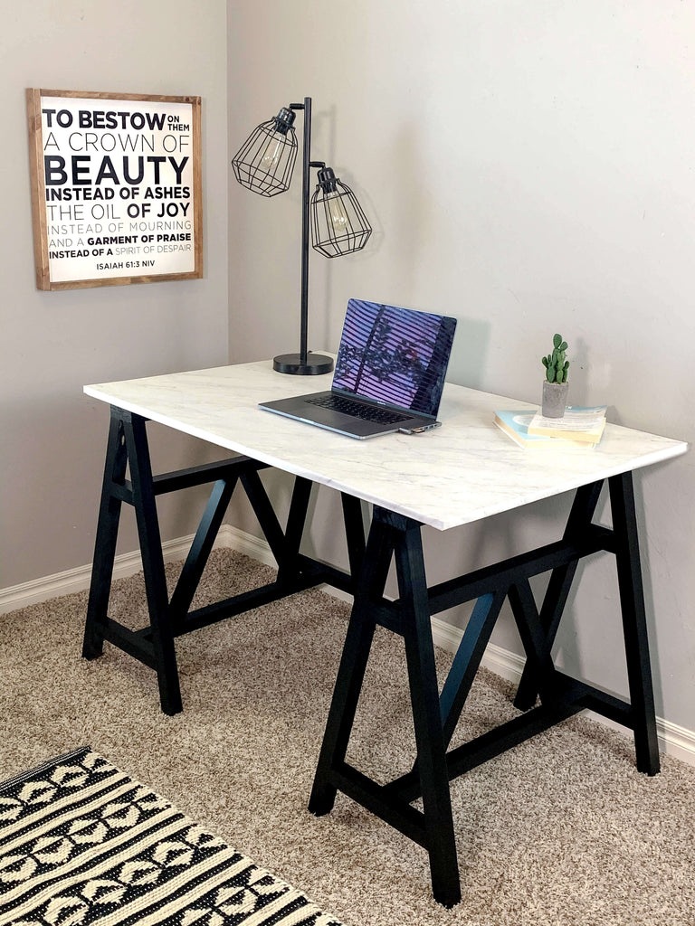 DIY Sawhorse Desk with Marble Contact Paper Top