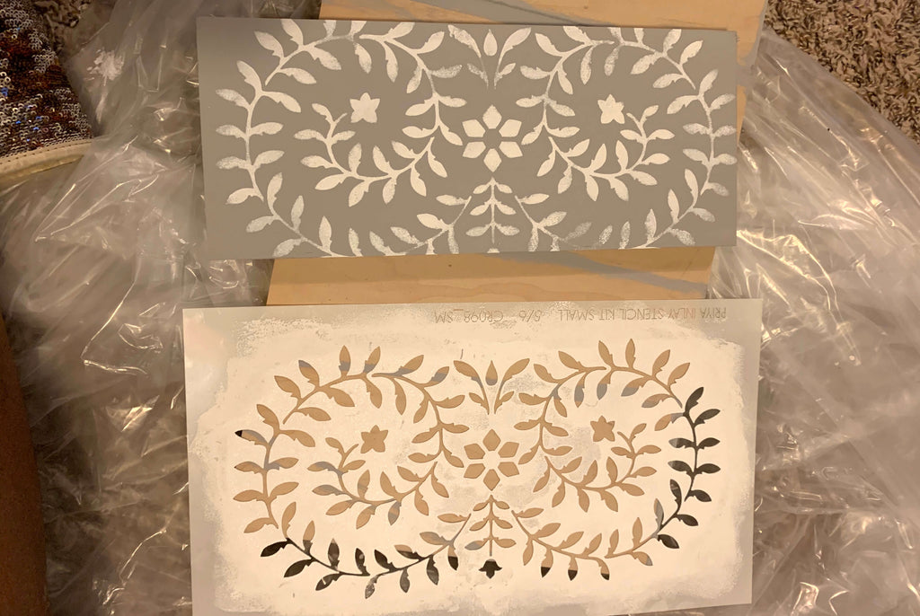 Priya Bone Inlay Stencil from Cutting Edge Stencils being stenciled on drawer fronts