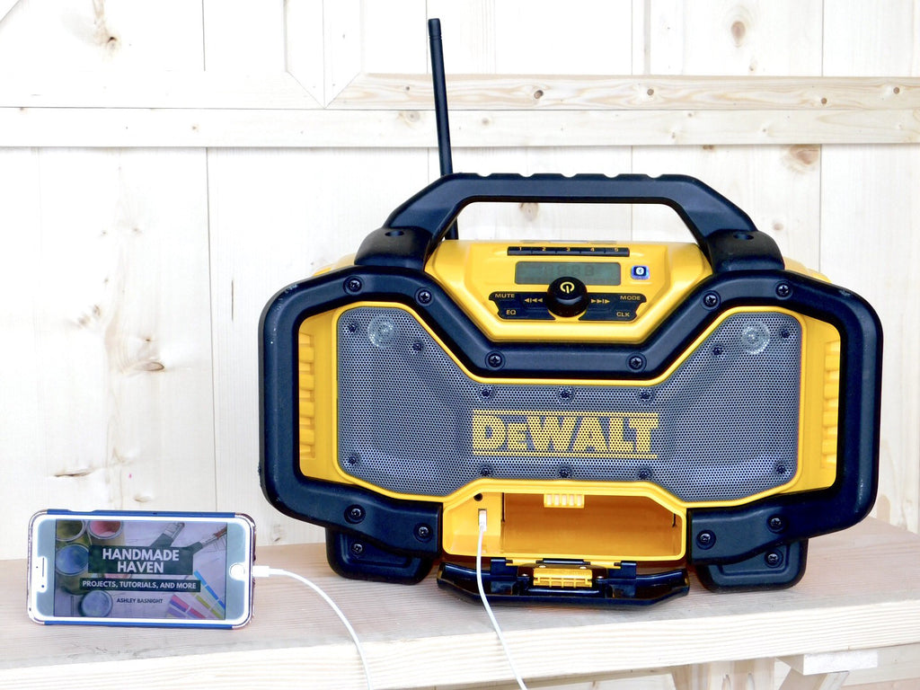 DEWALT Bluetooth Radio Charger connected to iPhone 