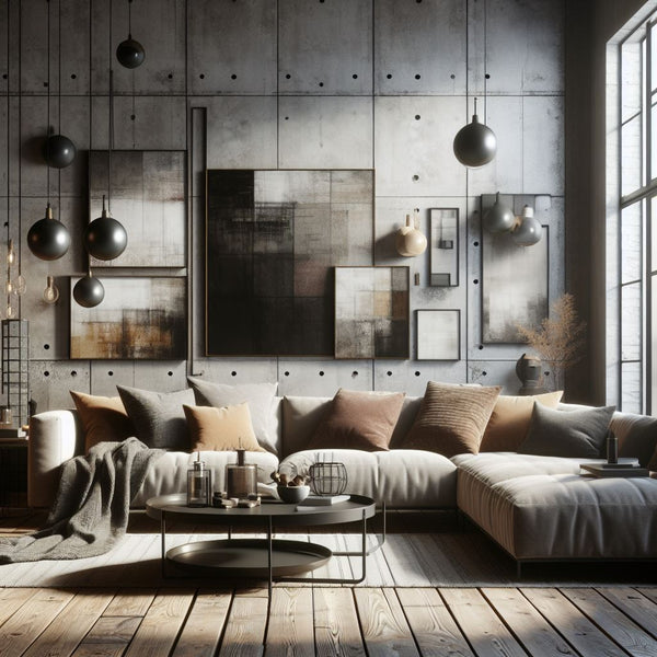 shades of gray, brown, and black dominating contemporary livingroom g the scene.