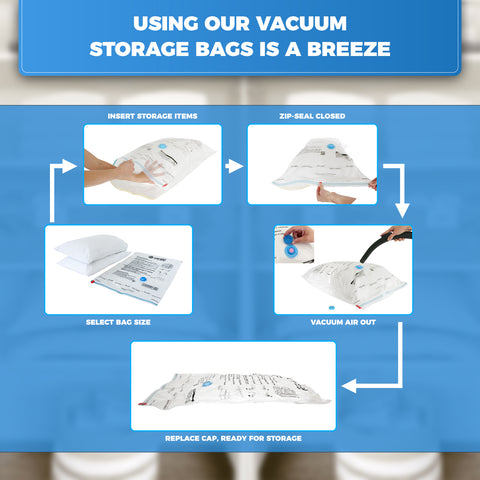 Step by step guide how to use vacuum storage bags showing how to pack, vacuum and close the bags