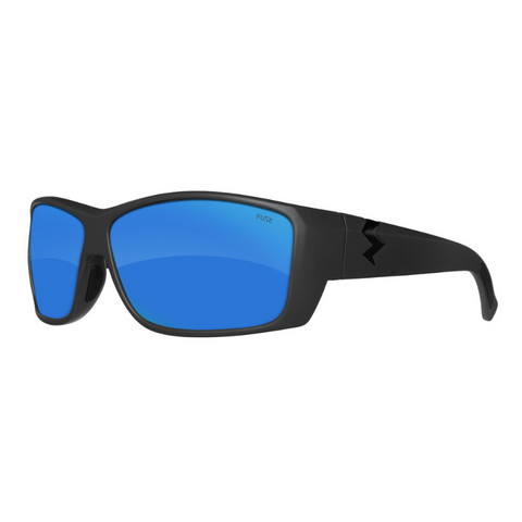 Pair of sunglasses with blue lenses at an angle in frame