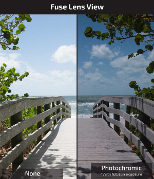 A side by side photo shows view with and without photochromic lenses