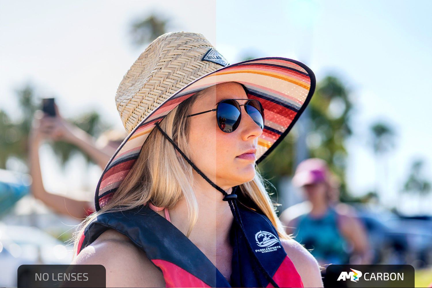 Split image of woman wearing black AMP Carbon sunglasses out in the sun. Comparison between normal view and a view affected by AMP Carbon lenses