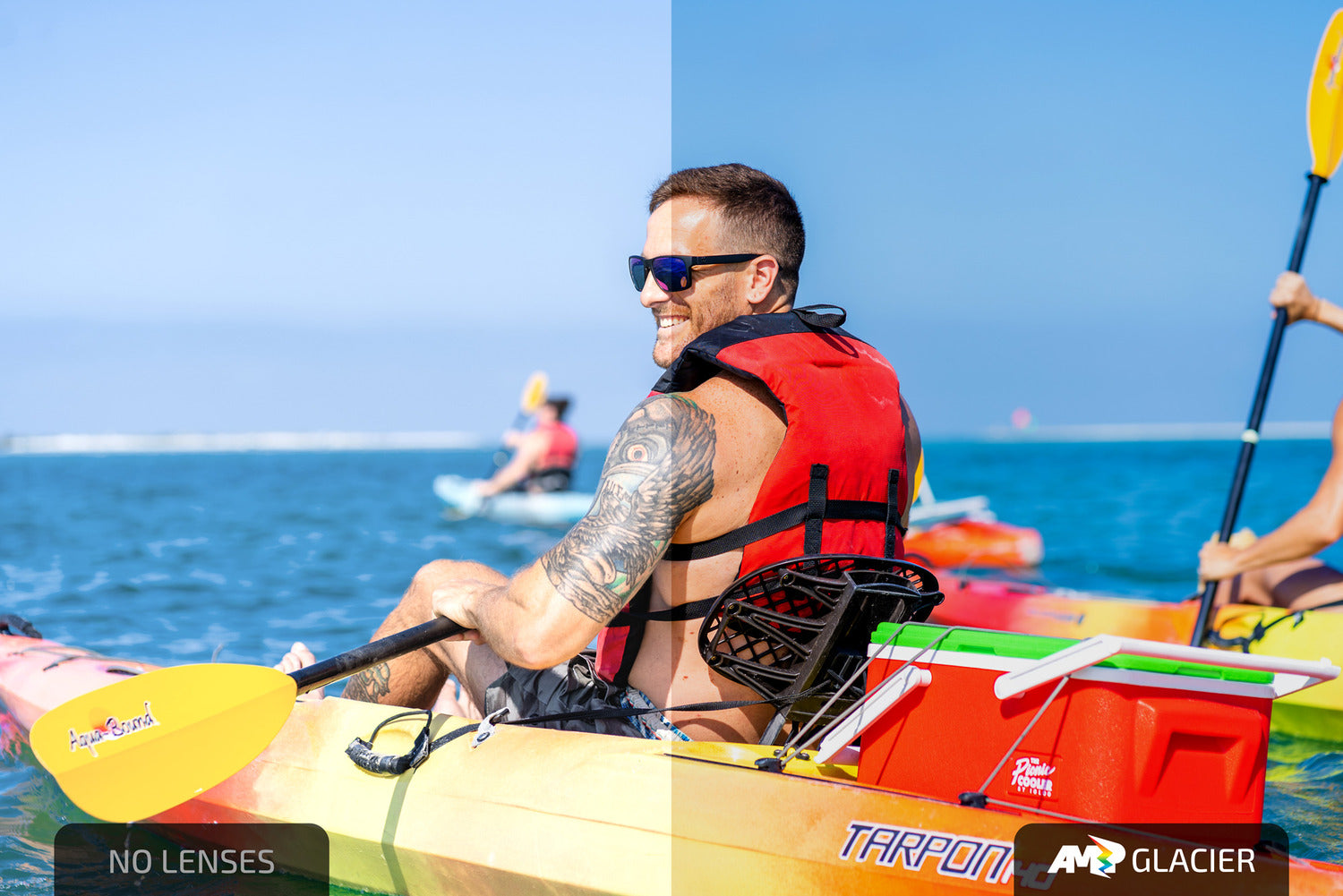 Split image of man wearing blue AMP Glacier sunglasses kayaking. Comparison between normal view and a view affected by AMP Glacier lenses