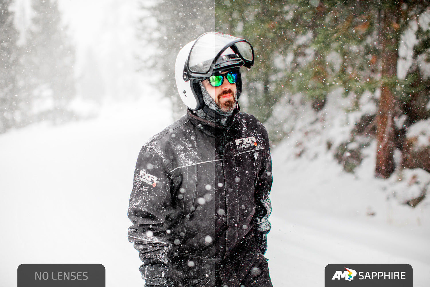 Split image of man wearing green AMP Sapphire sunglasses out in the snow. Comparison between normal view and a view affected by AMP Sapphire lenses