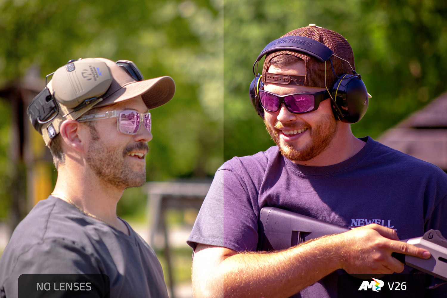 Split image of two men wearing purple-tinted AMP V26 sunglasses out target shooting. Comparison between normal view and view affected by AMP V26 lenses