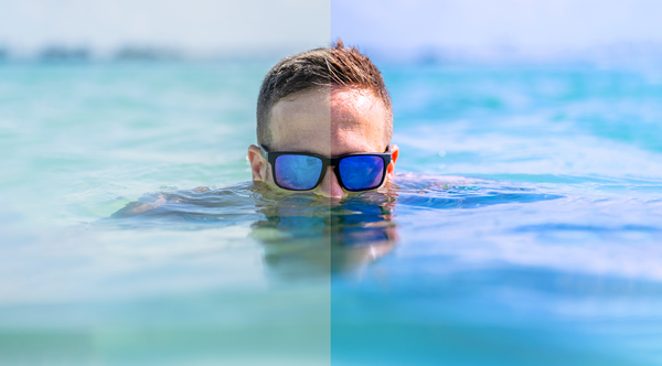 Man in water, more vibrant view on right through color enhancing lenses