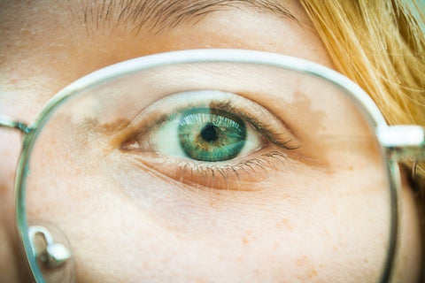 Green Eyes through clear glasses lenses